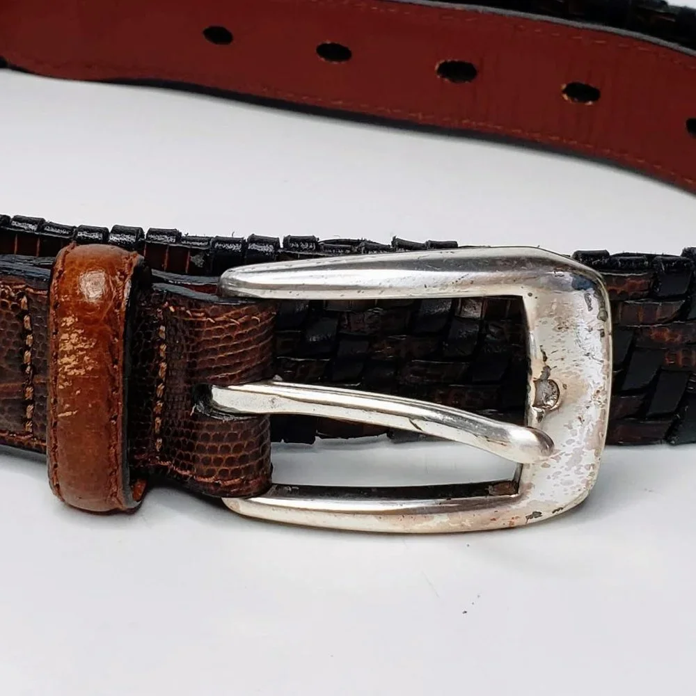 Brighton Cross Woven Distressed Buckle Belt Womens Croc Embossed Panel 38